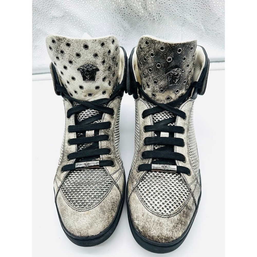 Versace High Top Sneakers Mens Distressed‎ Leather Chain Medusa Head White Black